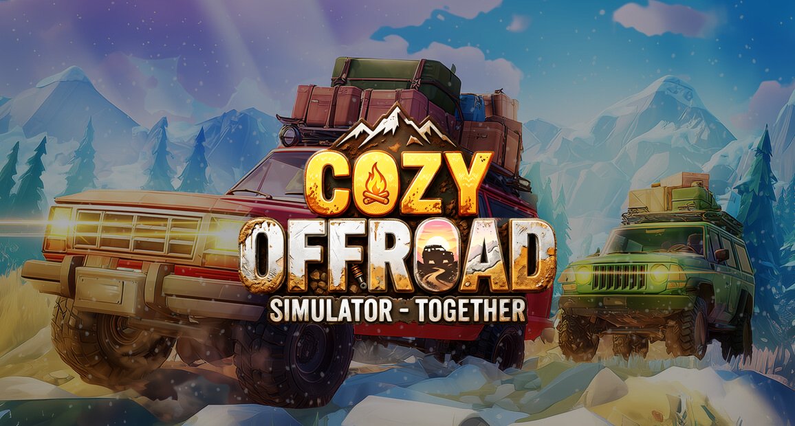 Cozy Offroad Simulator Together — a 4x4 truck on a forest mountain trail at golden hour